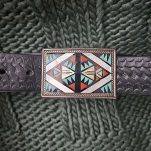 Vintage Zuni Inlay Stone and Sterling Silver 3x2 Buckle and Leather Belt